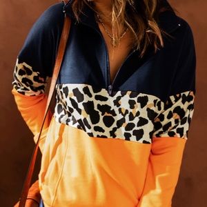 Leopard Color Block Zip Neck Pullover